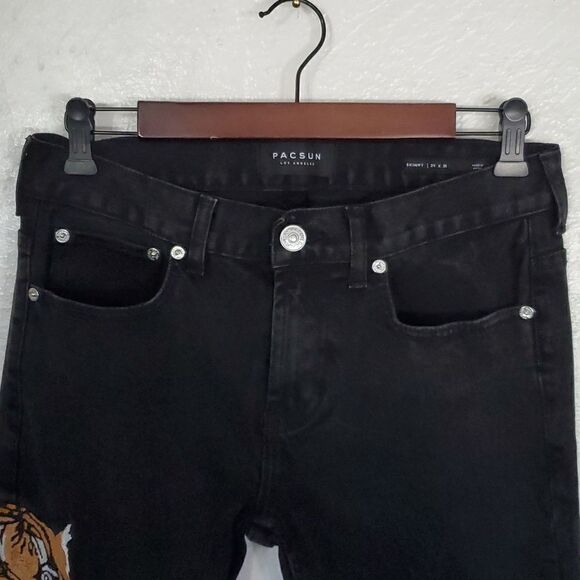 Pacsun Mens Black Skinny Jeans with Lion Cat and Roses Suze 29×30 - Picture 4 of 15